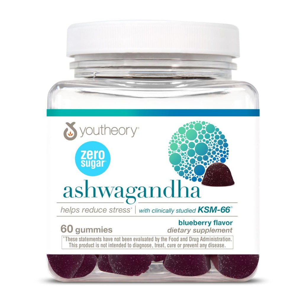 Youtheory Ashwagandha - Vegetarische Energie- und Stressunterstützungsergänzung mit Bio KSM-66 & Ginger Extract - Low Sugar - Blueberry, 60 Gummies (30-Day Supply)