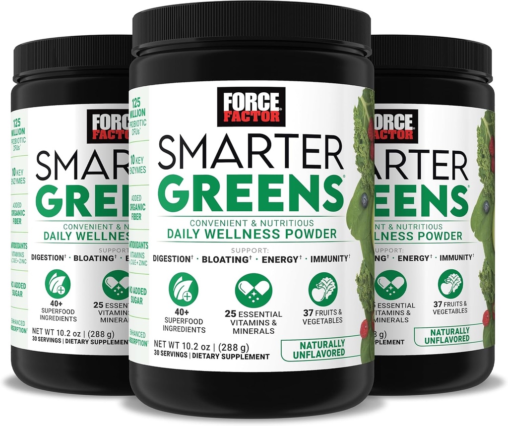 Kraftfaktor Smarter Greens Tägliches Wellness-Pulver 3-Pack zur Unterstützung von Energie, Immunität & Verdauung, Greens-Pulver, Superfood-Pulver mit Vitaminen, Mineralien & Probiotika, Unflavored, 90 Portionen