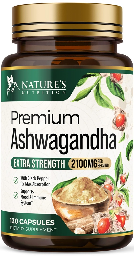Ashwagandha Ergänzungen - 2100mg Ashwagandha Kapsel für Damen und Herren, Natürliche Antioxidante Unterstützung, Ashwa Root Extract, Extra Strength Calm Support mit schwarzem Pfeffer, Vegan & Gluten kostenlos - 120 Kapseln
