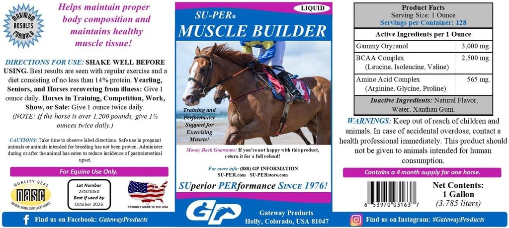 SU-PER Muscle Builder Horse Supplement - Supporto per la formazione e le prestazioni per l'esercizio muscolare - 1 gallone, alimentazione di 4 mesi