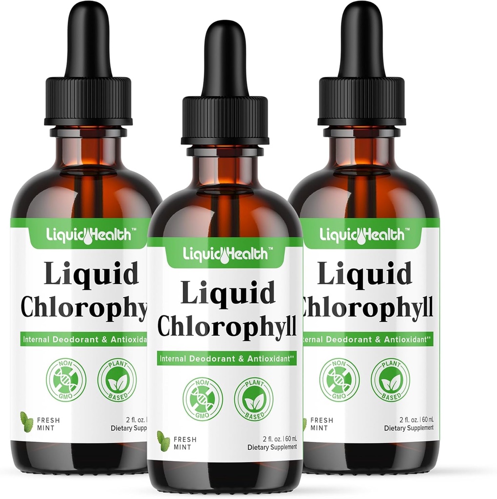 LIQUIDHEALTH gouttes de chlorophylle liquide - Désodorisant interne, antioxydants, détox hépatique, soutien immunitaire, soulager la mauvaise respiration, réduire l'appétit, collagène pour la santé des cheveux et de la peau - végétalien, non-OGM (3 pack)