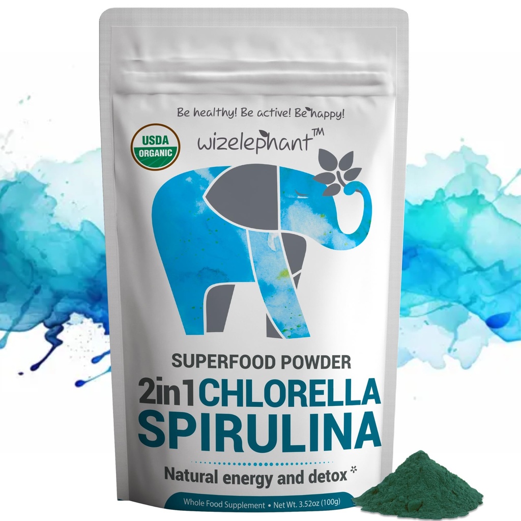 Clorella Spirulina Powder Organic | Super Greens Powder and Smoothie Mix | Ricco di clorofilla per il supporto immunitario e l'energia | Proteine Vegane Raw | Spirulina Chlorella Powder | 50 Servings