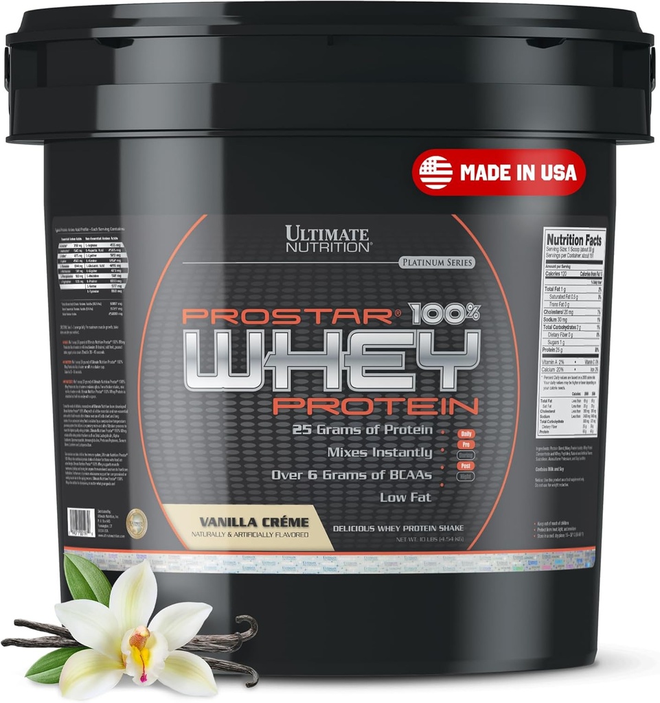 Ultimate Nutrition Prostar Whey Protéines Poudre Isolée, Vanille - faible teneur en glucides, haute teneur en poudre pour le gain musculaire et la récupération - faible teneur en sodium, faible teneur en gras et kéto - 10 lbs Bucket