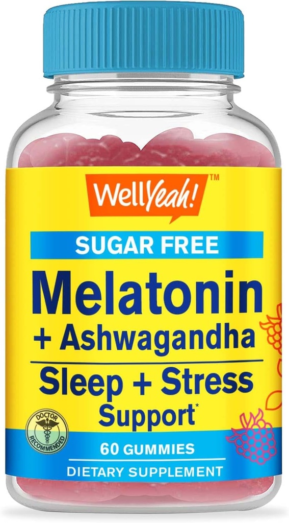 WellYes Melatonin (2mg) con Ashwagandha (850mg) Zucchero Gummiess - Sleep & Stress Aid Supplement - con camomilla, Lemon Balm, Lavanda e Valerian - Natural Source Flavor - 60 Count