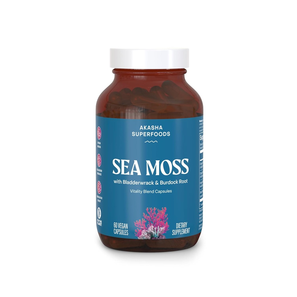 Akasha Superfoods Sea Moss Capsule, Moss irlandese organico con radice di vescica, radice di Burdock, e BioPerine, pelle, tiroide, digestione e supporto immunità per le donne e gli uomini, senza glutine, Vegan, 60 Conte