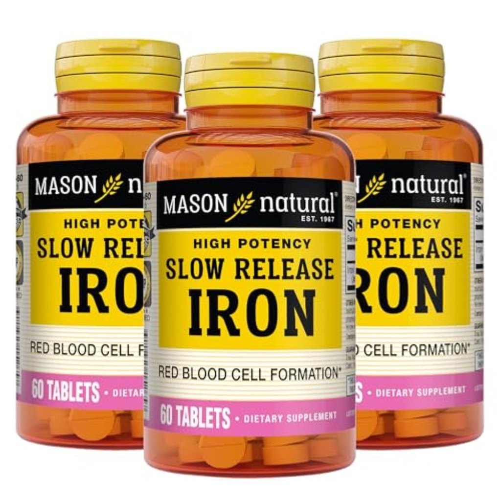 Mason naturel lent, libération de fer (sulfate de fer) 50 mg comprimés, 180 jours d'approvisionnement, supplément de puissance élevée, doux sur l'estomac, 3 pack