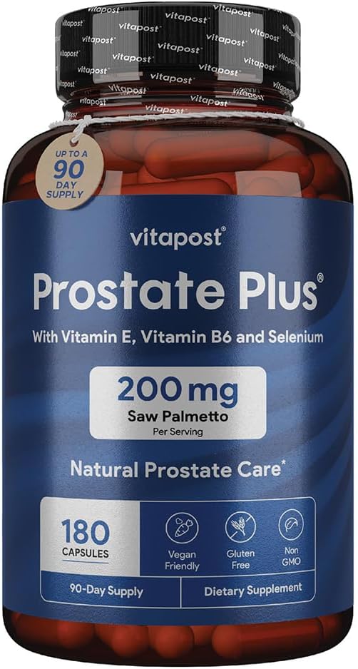 Prostate Plus Soins prostatiques naturels et supplément de santé urinaire pour les hommes enrichis avec Saw Palmetto, vitamine B6, vitamine E, sélénium et zinc. 180 Capsules