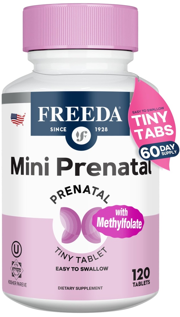 FREAD Mini Vitamine prénatale - Casher Prénatal -Tiny Comprimés faciles à avaler - Vitamines prénatales avec fer, acide folique prénatal/solide, vitamine D - Multivitamine prénatale pour femmes enceintes (120)