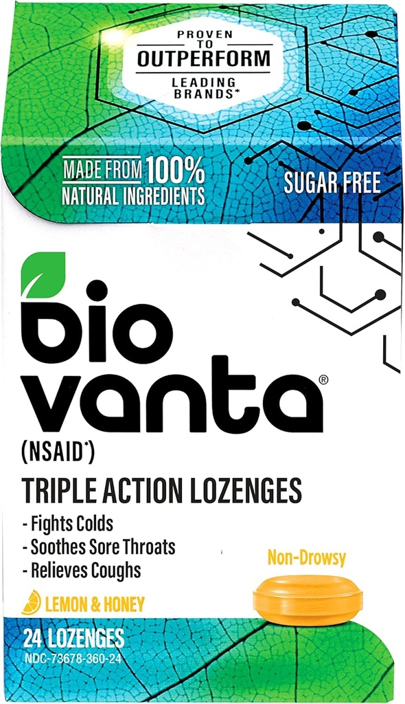 Biovanta Natural Ingredients Sugar-Free Lozenges for Cough, Cold and Sore Throat, 24 Lemon Honey Throat Lozenges