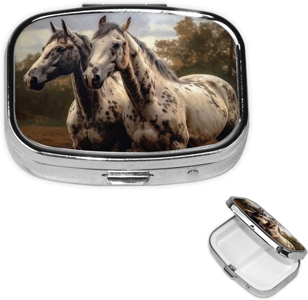 Pill Case Pill Box with Mirror Small Pill Organizer 2 Compartment Two Horse Travel Pillbox for Purse or Pocket Portable Pill Container Cute Medicine Organizer