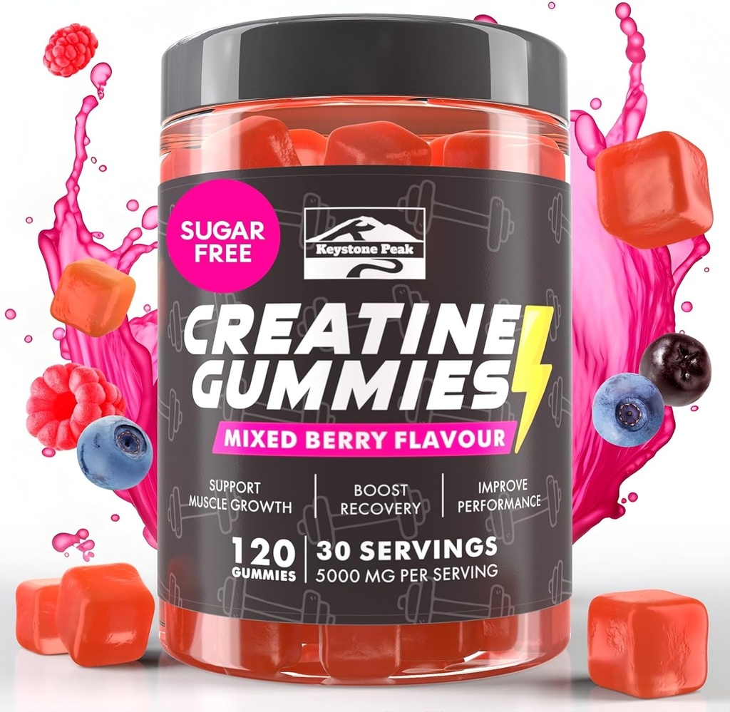 KP Creatine Monohydrate gemischte Beere für Männer & Frauen, 100% Kreatin gemischte Berry-Gummien, 5g pro Servieren + Vegan, Zuckerfrei, gemischte Beere + Stärke, Energie, Muskel & Booty Gain - 120 Count