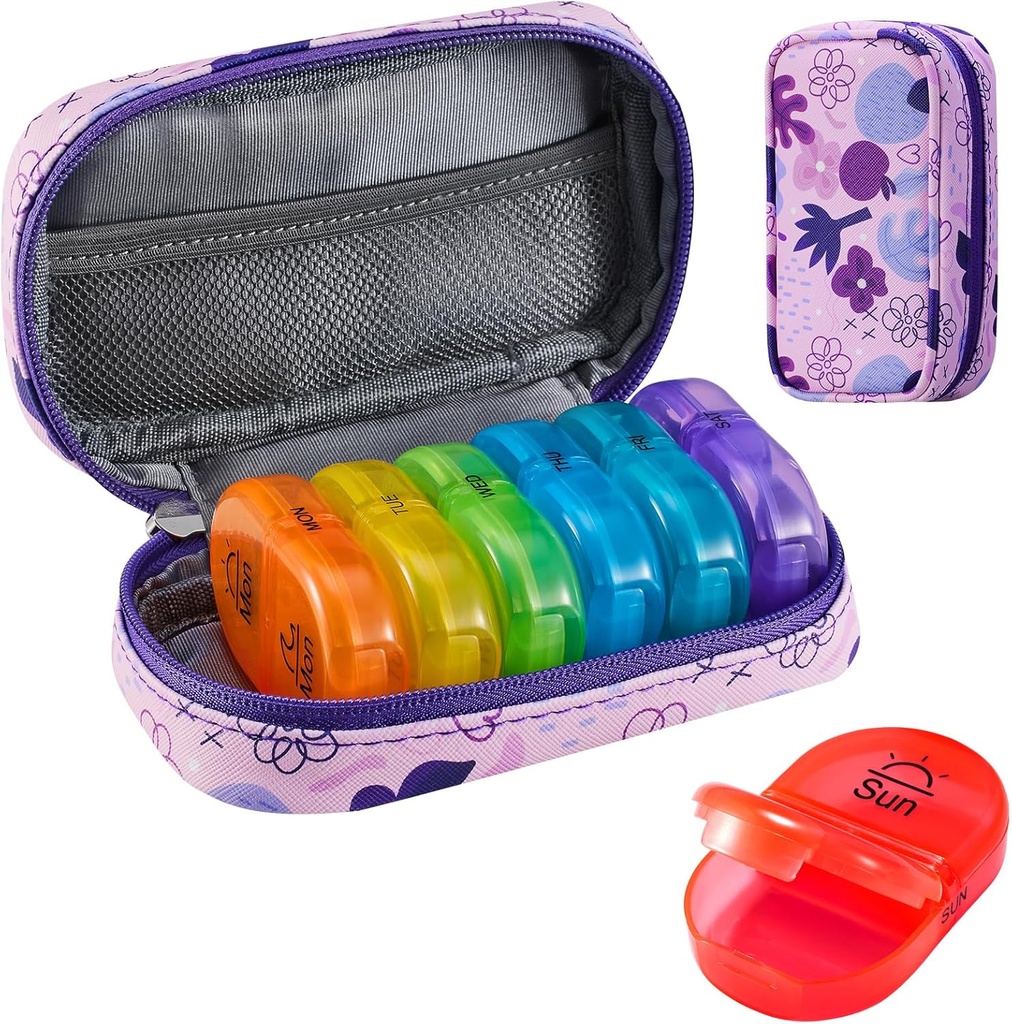 Serfeymi Organizzatore di viaggio settimanale 2 volte al giorno AM Aggiornato Rainbow Pill Box 7 giorno con custodia portatile in pelle PU cerniera, organizzatore di medicina per pillole, vitamine, oli di pesce - viola 02