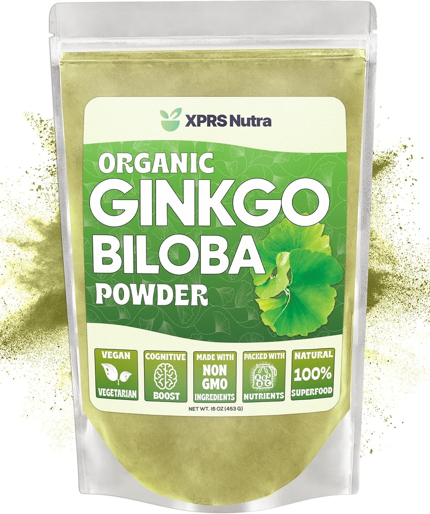 XPRS Nutra Organic Ginkgo Biloba Powder - Gingko Biloba Ergänzungen für Kognition - Vegan Friendly Ginkoba Biloba Organic - Immunität Boosting Ginkgo Biloba Powder (16 oz)