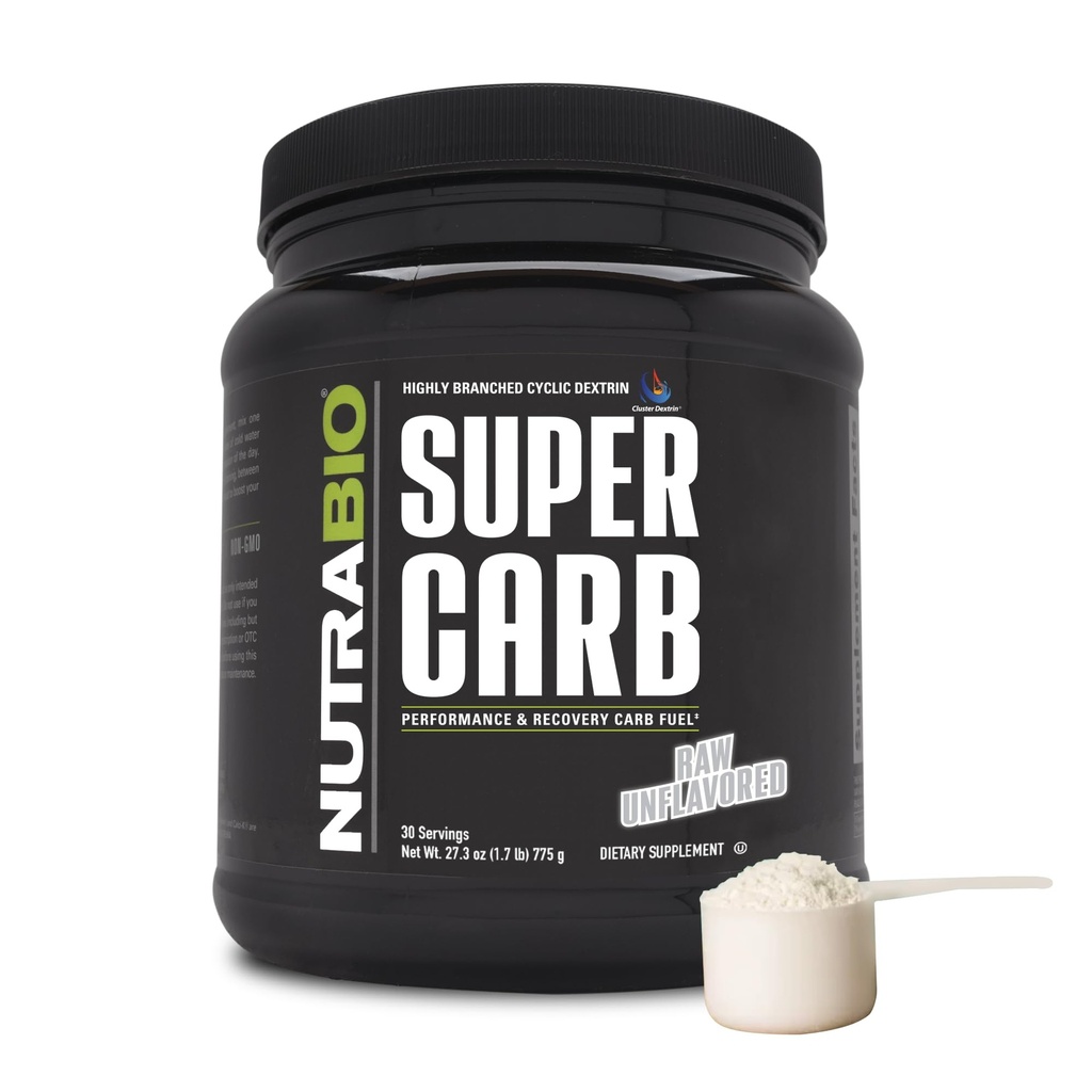 NutraBio Super Carb, Poudre d'hydrate de carbone avec Dextrine à grappes et électrolytes, Poudre de supplément de glucides avancé pour le carburant d'entraînement, la performance et la récupération musculaire, Dextrine cyclique, Non aromatisé, 30 Sv