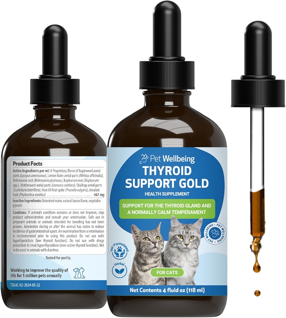 Pet Wellbeing Thyroid Support Gold for Cats - Supporta la funzione sana della ghiandola tiroidea in gatti, Metabolismo normale, Bugleweed, Balm limone - Integratore erbario-formulato Veterinaria 4 fl oz (118 ml)