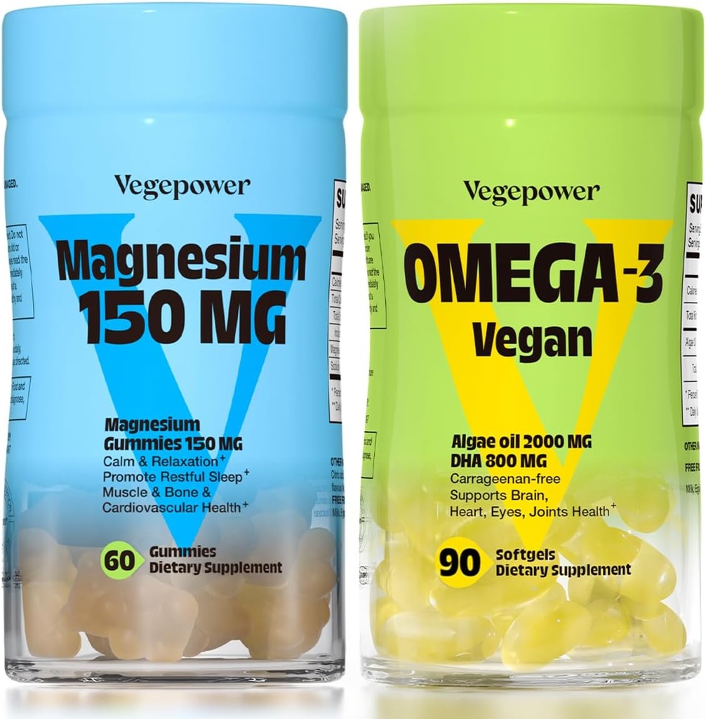 Vegan Omega-3 + Magnésium Gummies.Algae Omega-3 800mg Suppléments DHA pour le cerveau, les yeux de coeur santé- 90 Comte.