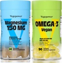 Vegan Omega-3 + Magnesium Gummies | Algae Omega-3 800mg DHA Ergänzungen für Gehirn, Herzaugen Gesundheit- 90 Count | 150mg Magnesium Citrate Gummis für Erwachsene und Kinder ruhig Schlaf, Entspannung