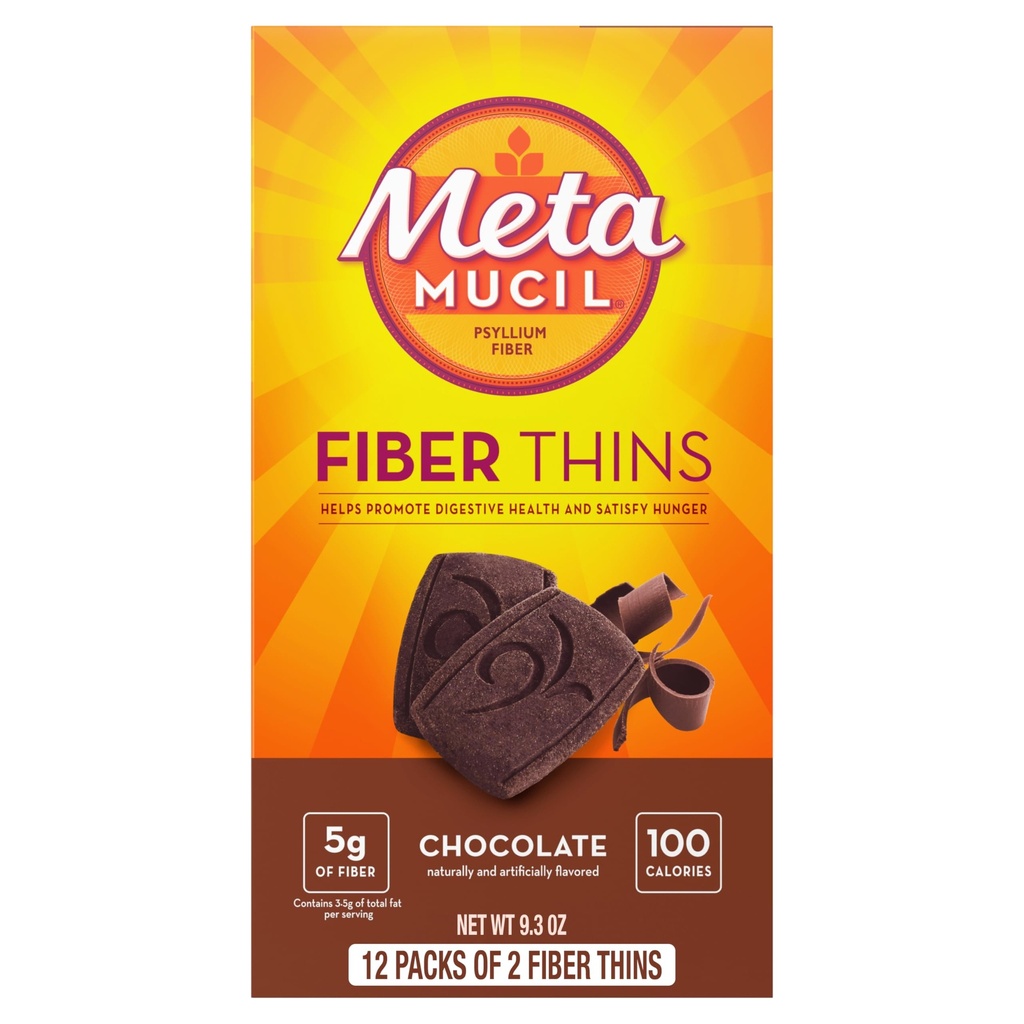 Métamucil Fiber Thins, Psyllium Husk Fiber Supplement, Digestive Health Support et Satisfy Hunger, Chocolat aromatisé, 12 portions
