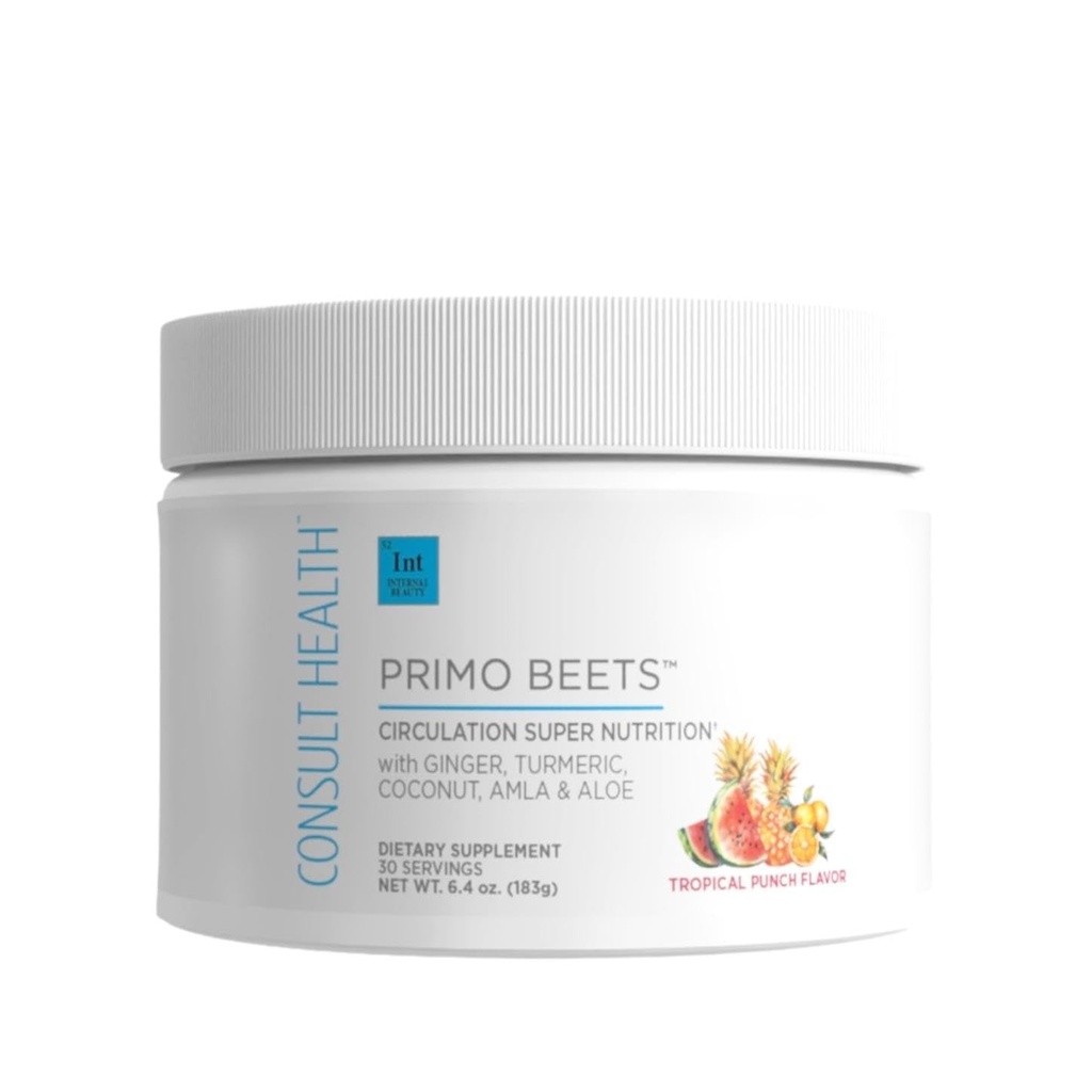Consulter Santé Beets Primo - Mélange de poudre de betterave avec électrolytes - Nitrates pour soutenir la circulation - Energy Boost - Ginger & Turmeric - Hommes et femmes - Tropical Punch Flavor - 30 portions