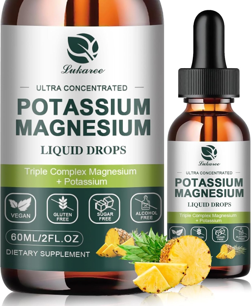 Potassium Magnesium Supplement Liquid w/Triple Complex Magnesium Glycinate & Potassium Plus Omega 3, Sea Moss, Black Seed, D3K2 & Calcium for Zzz, Leg Cramps & Muscle-2 FL OZ Drop