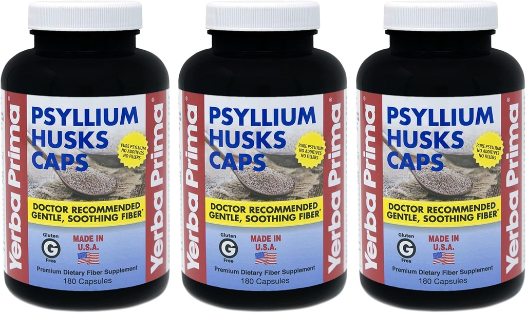 Yerba Prima Psyllium Husks Caps - 180 caps (Pack of 3) - Natural Fiber Supplement - Colon Cleansing - Non-GMO Gluten Kostenlos