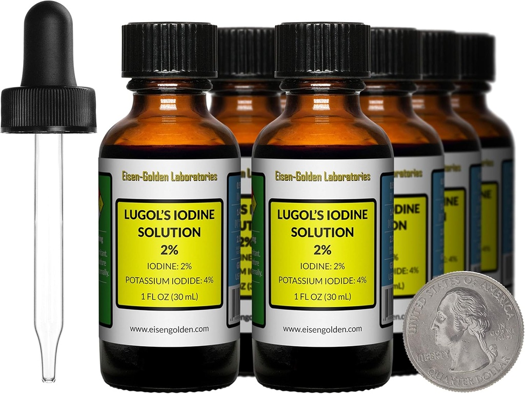 L'iode de Lugol / Solution de 2% / 8 Oz dans huit bouteilles en verre ambre / gouttes libres