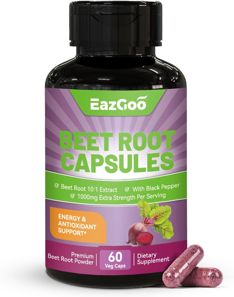 Capsules de racines de betterave 1000mg par portion, soutient la production d'oxyde nitrique et la pression artérielle, avec extrait de poivre noir, non-OGM, sans gluten, végétalien - 60 comtes