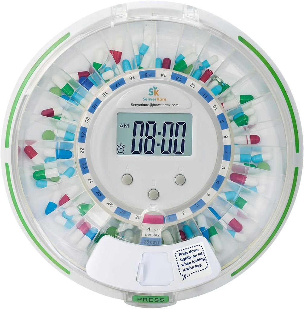 Dispenser automatico di pillole con serratura di sicurezza, luce lampeggiante, suono, allarme, Dispenser di farmaci elettronici da 28 giorni per vitamine e compresse fino a 6 volte / giorno, facile visualizzazione di lettura, chiaro coperchio