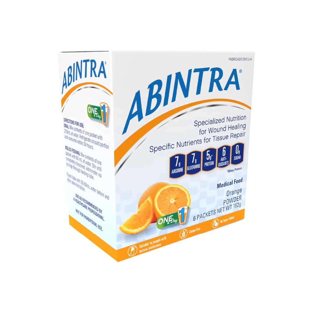 ABINTRA Specializzato Nutrizione per Guarigione Guarnizione Include L-Arginina, Arancio Sapore, 6 Pacchetti, 27g Ogni