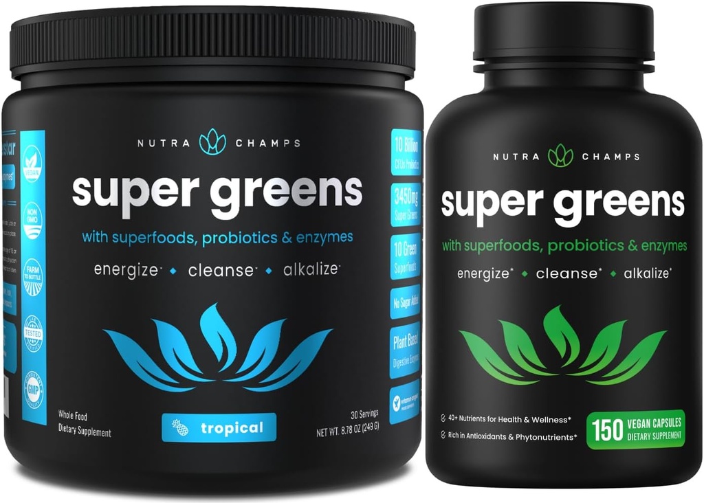 NutraChamps Tropical Super Greens Powder & Super Greens Capsules
