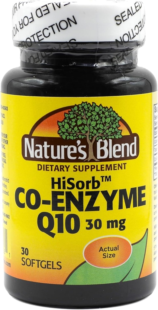 Nature's Blend HiSorb CoQ10 30mg, 30 Softgels - Soutien de la santé cardiaque, sans cristal, biodisponibilité maximale, cliniquement prouvé, sans gluten, sans colorants ni arômes artificiels, supplément diététique