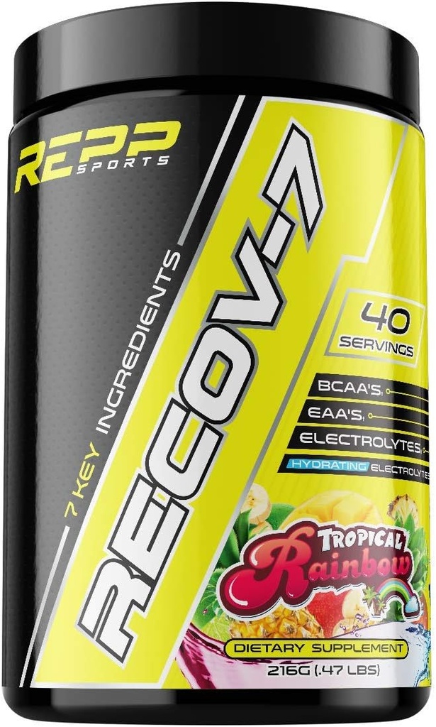 REPP Sports Recov-7 Full Spectrum EAAs und BCAAs | Advanced Recovery and Glycogen Replenishment for Intra-Workout (Tropical Rainbow, 40 Servings (216g))