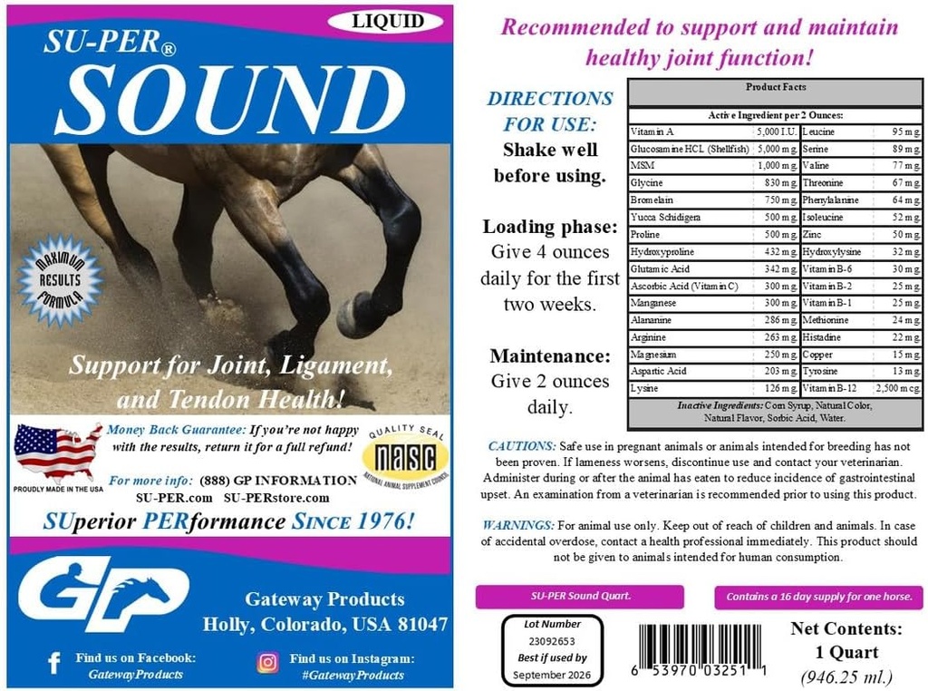SU-PER Sound Joint Horse Supplement - Supporto per Joint, Ligament e Tendon Health - Vitamine e Minerali di Cavalli, Glucosamina, MSM, Bromelain, Aminoacidi, Lysine - 1 Quart, (2 Pack)