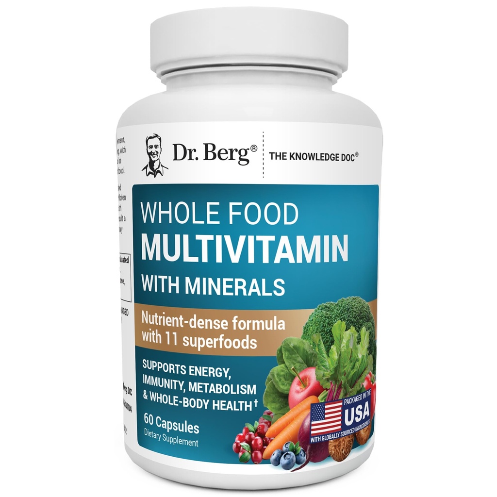Dr Berg Multivitamine d'aliments entiers avec des minéraux - Multivitamine quotidienne pour les hommes et les femmes - Comprend les fruits entiers d'aliments de première qualité et mélange de légumes avec folate, acide alpha-lipoïque et plus - 60 capsules
