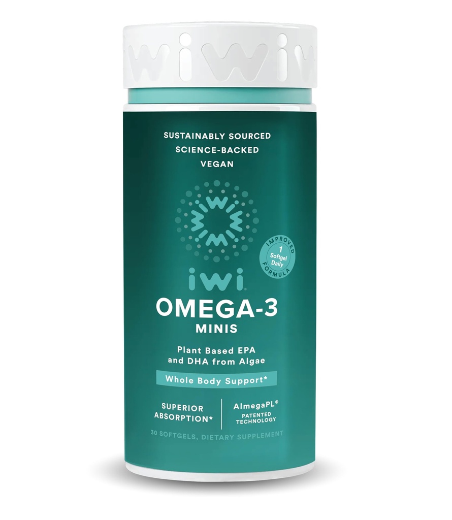 Iwi Omega-3 Mini Softgels (30 Portionen), leicht zu schlucken, pflanzliche Algen Omega 3 mit EPA + DHA, Whole-Body Support Diätetische Ergänzung, Krill & Fischöl Alternative, kein fischiger Nachgeschmack