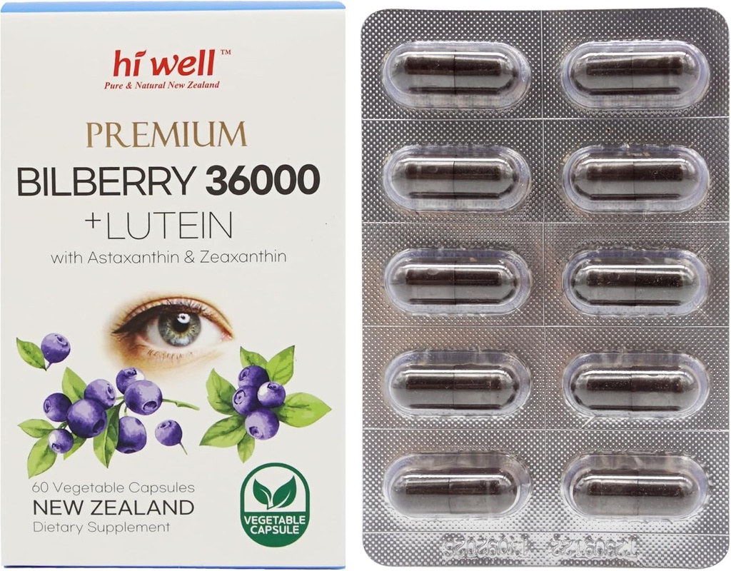 Hi Well Premium Bilberry 36000 + Lutein 12mg 60Vegtarian Capsules