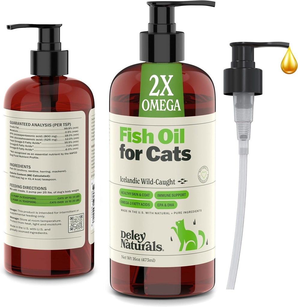 Deley Naturals Wild Caught Fish Oil für Katzen mit 2X Omega - Cat Fish Oil mit der höchsten EPA & DHA Potency - Omega 3 für Katzen für Shedding, Haut, Mantel, Gelenke, Herz und Immunsystem - Made in USA