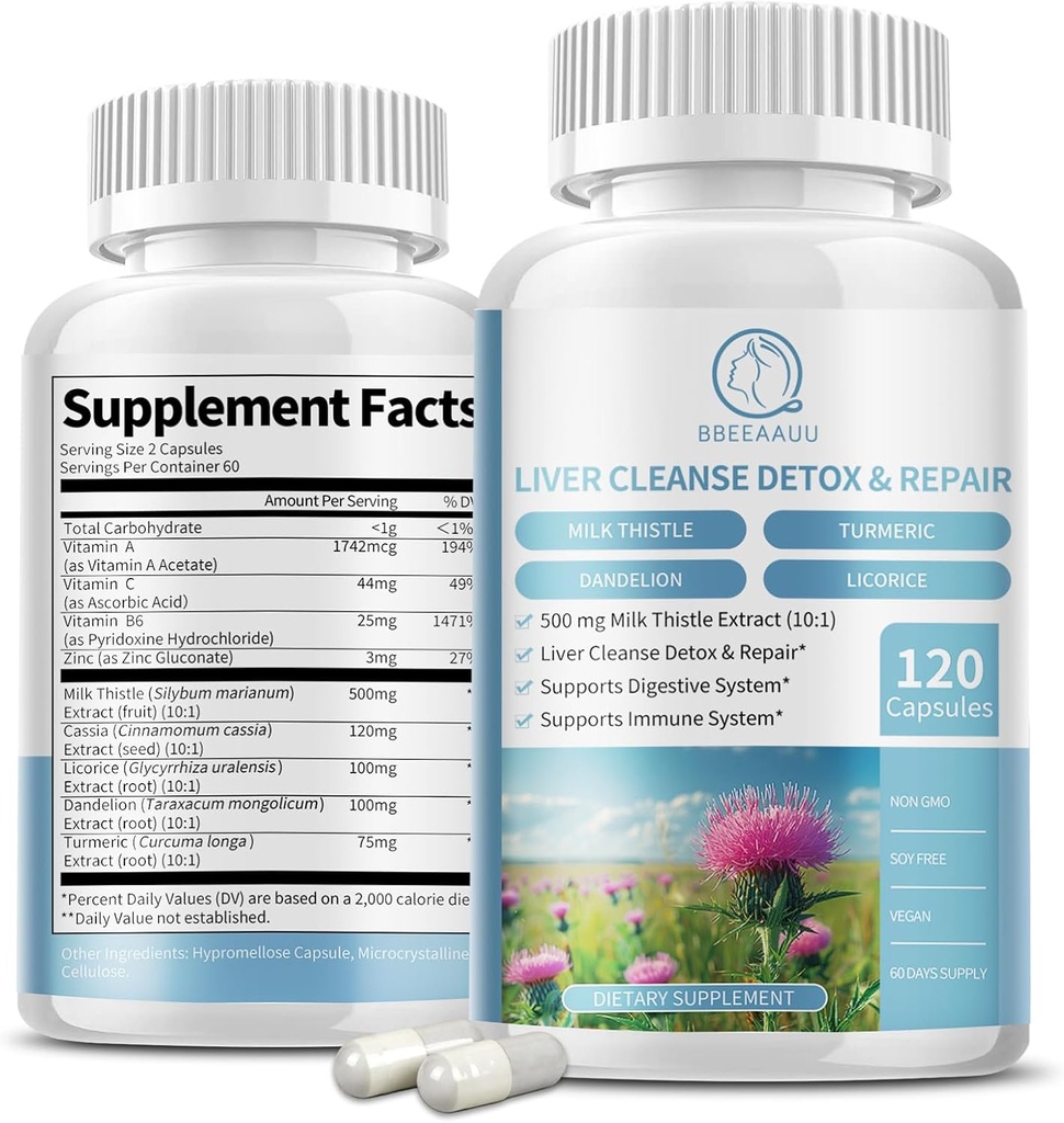 Milk Thistle Supplement Kapseln, Lebergesundheit Formel, mit Dandelion Wurzel, 10:1 Extrakt, für Leber Detox Cleanse Unterstützung, Verdauungs- und Immunsystem, 120 Veggie Caps