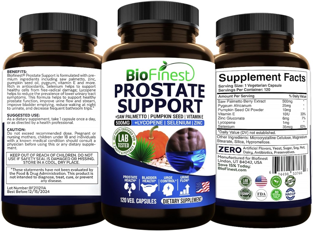 BioFinest Prostate Support for Men - Saw Palmetto Lycopène Graine de citrouille Pygeum Zinc Sélénium - Supplément de vitamine prostate à flux urinaire sain - Fabriqué aux États-Unis (120 Veg. Capsule)