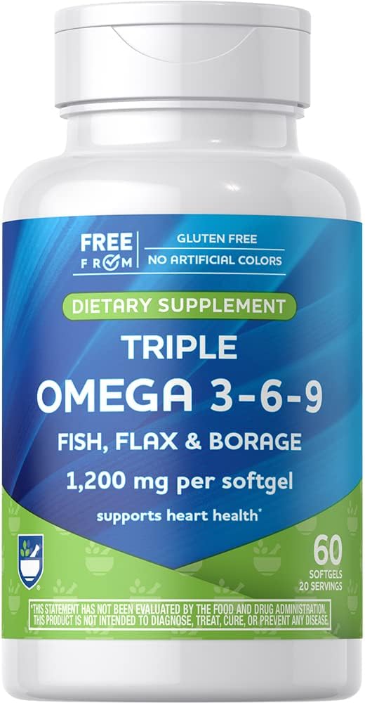 Rite Aid Triple Omega 3, 6, 9 Softgels - 60 Count Fish Oil to Support a Healthy Heart, DHA and EPA, Flaxseed and Borage Oil