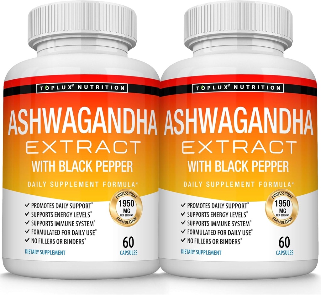 Bio Ashwagandha Root Powder Pillen 1950 Mg mit schwarzem Pfeffer Extrakt - reine natürliche Ashwagandha Ergänzung, Unterstützung Energie, für Männer Frauen, 60 Kapseln