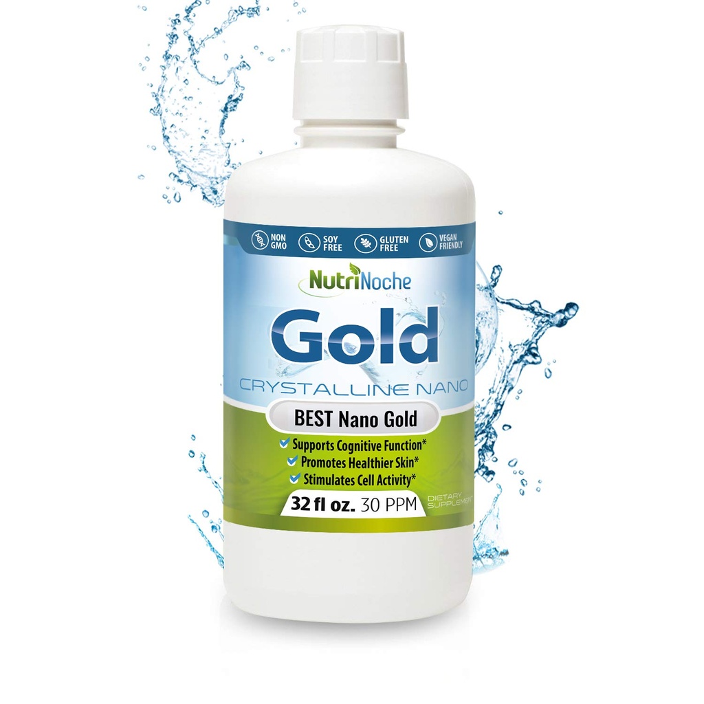 Colloïdal Gold Liquid Organic Supplement by Nutrinoche - 100% Pure Nano Gold Mineral - Soutient la clarté mentale, la concentration et la relaxation - Bouteille de 32 oz - Vegan, sans gluten - Crystalline- 30 ppm