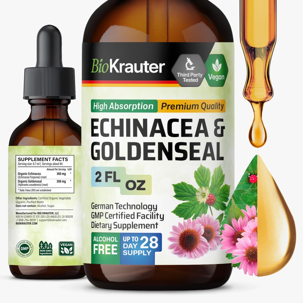 BIO KRAUTER Echinacea et extrait liquide de racine de seau d'or - Soutien naturel immunitaire - Echinacea gouttes avec seau d'or - végétalien, alcool et sans sucre Teinture - 2 Fl.Oz.