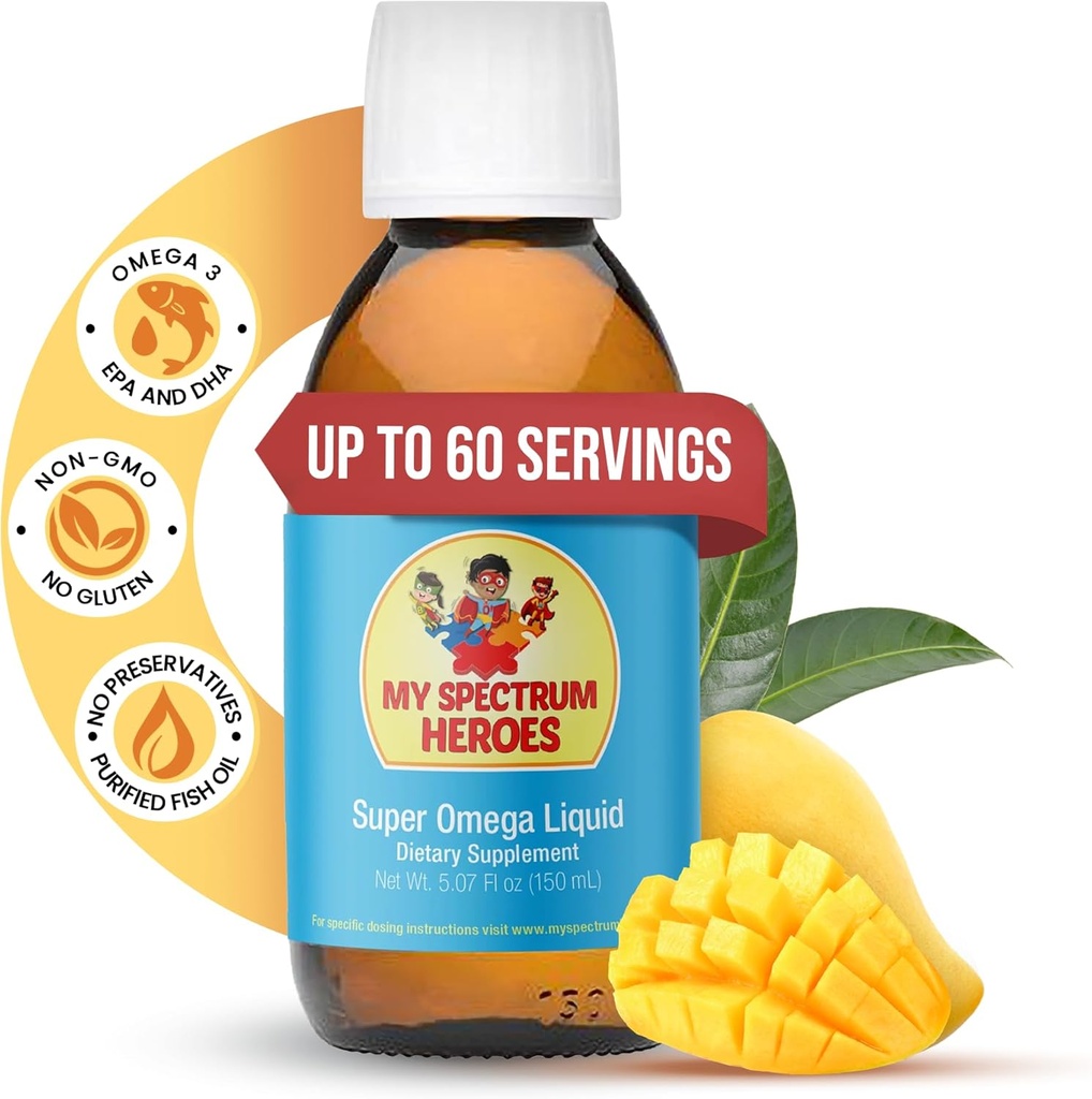 My Spectrum Heroes Fish Oil Supplement for Children - Omega 3 for Neural Assistance, Inflammation & Immune Aid - EPA & DHA for Brain & Eye Health - Kids & Adult Liquid Supplement - 5.07oz (150ml)