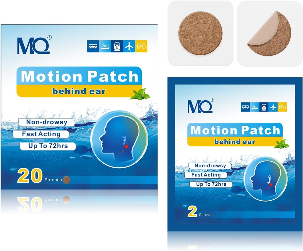 MQ 20ct Motion Maladie Patches, Couleur foncée, Maladie de la mer Patches non somnolentes et imperméables, Cruise Ship Travel Essentials, Fast Acting et Longue Durée 72H