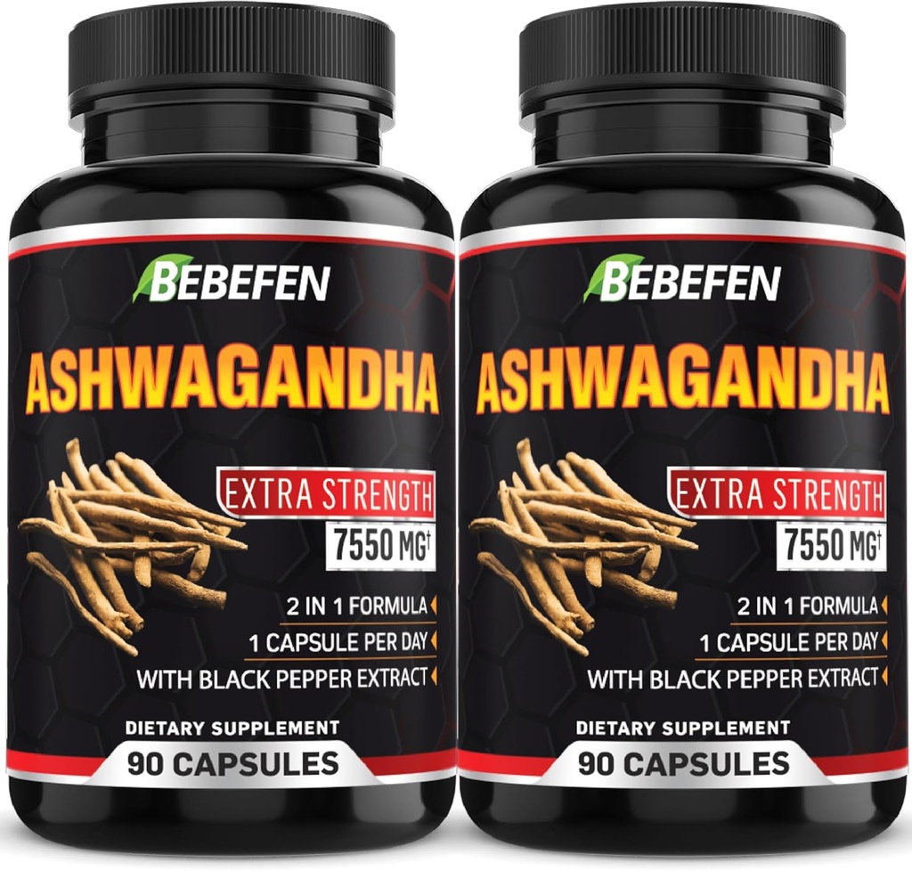BEBEFEN Ashwagandha Capsules - 7550mg Pillole di Formula con Estratto di Pepe Nero - 90 Capsule Ashwagandha Supplemento per il Supporto Energetico - 3 Mesi di Alimentazione (Pack of 2)