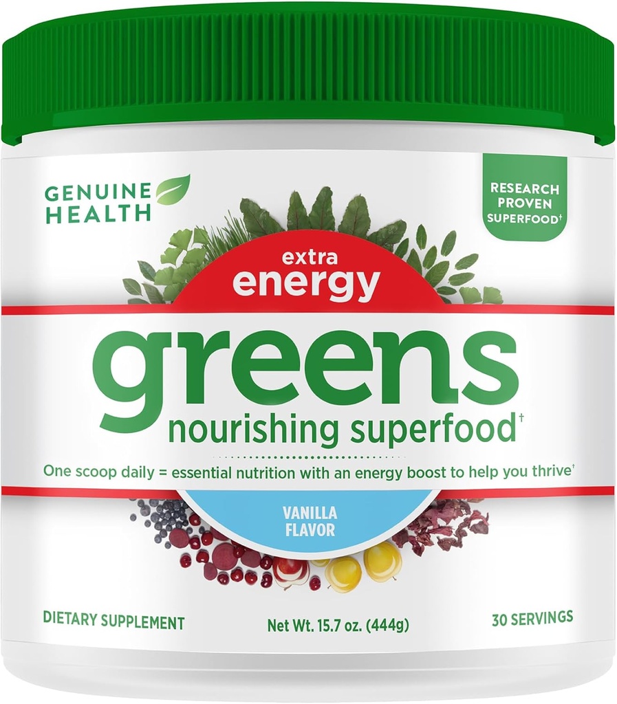 Genuine Health Greens + Extra Energy Superfood Powder, Bietet eine sofortige Energie Boost & unterstützt Gut Health, Vanille aromatisiert, 30 Servierungen