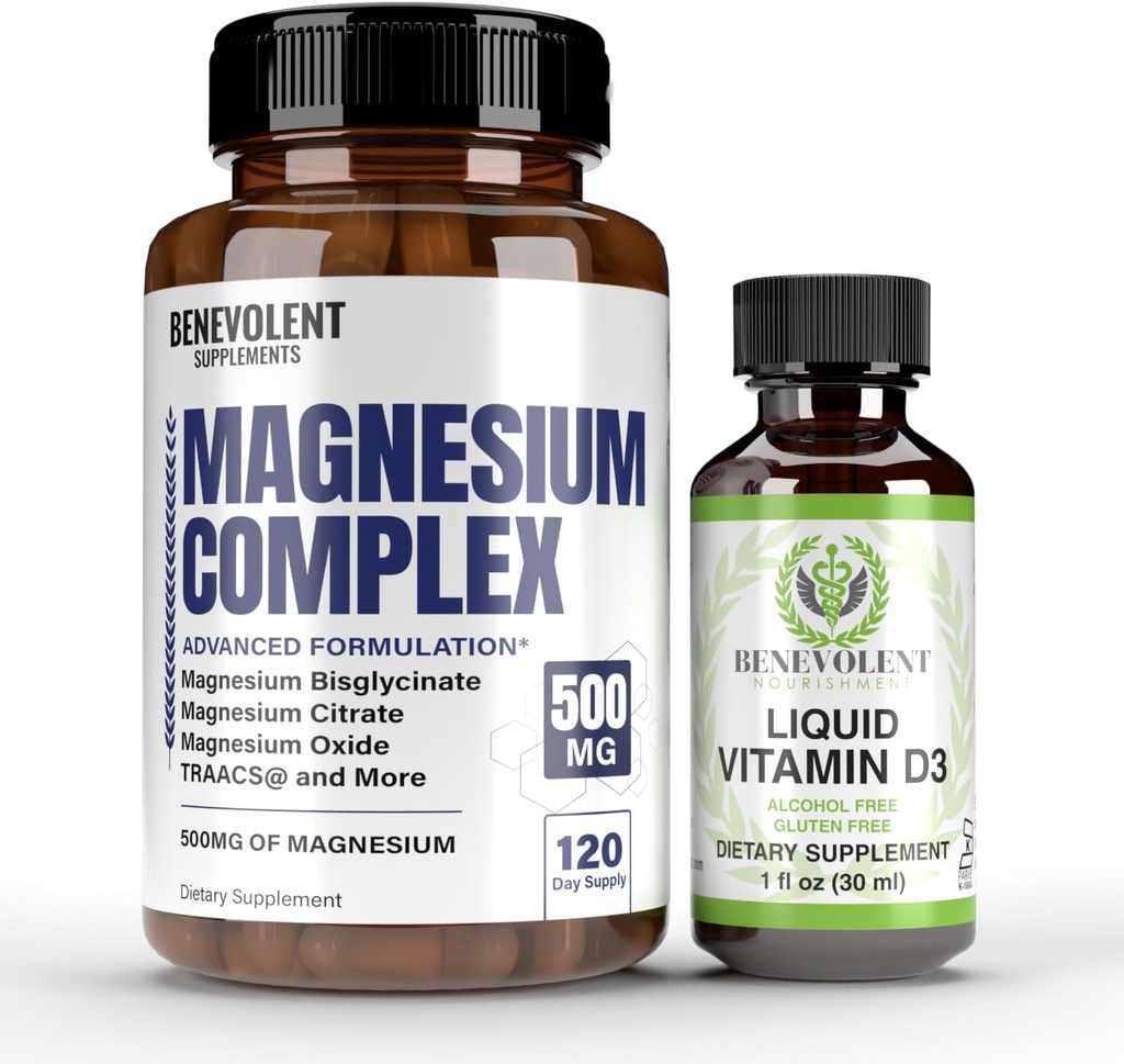 Magnesio Complesso con 5 migliori forme e vitamina liquida D3 5000 IU Bundle - 4 mesi Fornitura di 500mg Magnesio Glycinate, Ossido, Taurate, Chelate, Magnesio Citrate - Sonno e Supporto immunitario