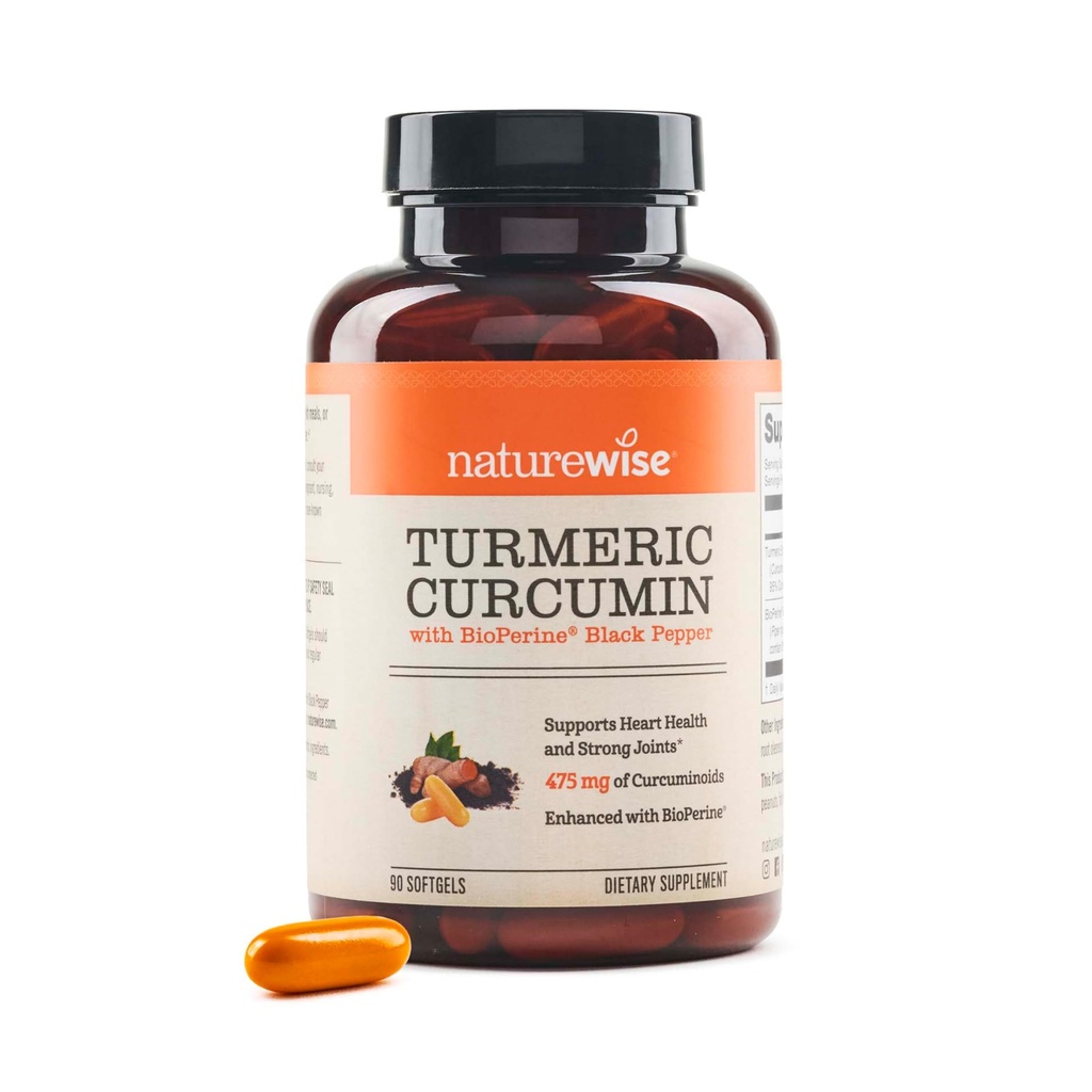NatureWise Turmeric Curcumin 500mg mit schwarzen Pfeffer Weichgelen - Extra Strength, Enhanced Absorption - 95% Curcuminoids & BioPerine für Immununterstützung - Glutenfrei, Non-GMO - 90 Count[3-Monatsversorgung]