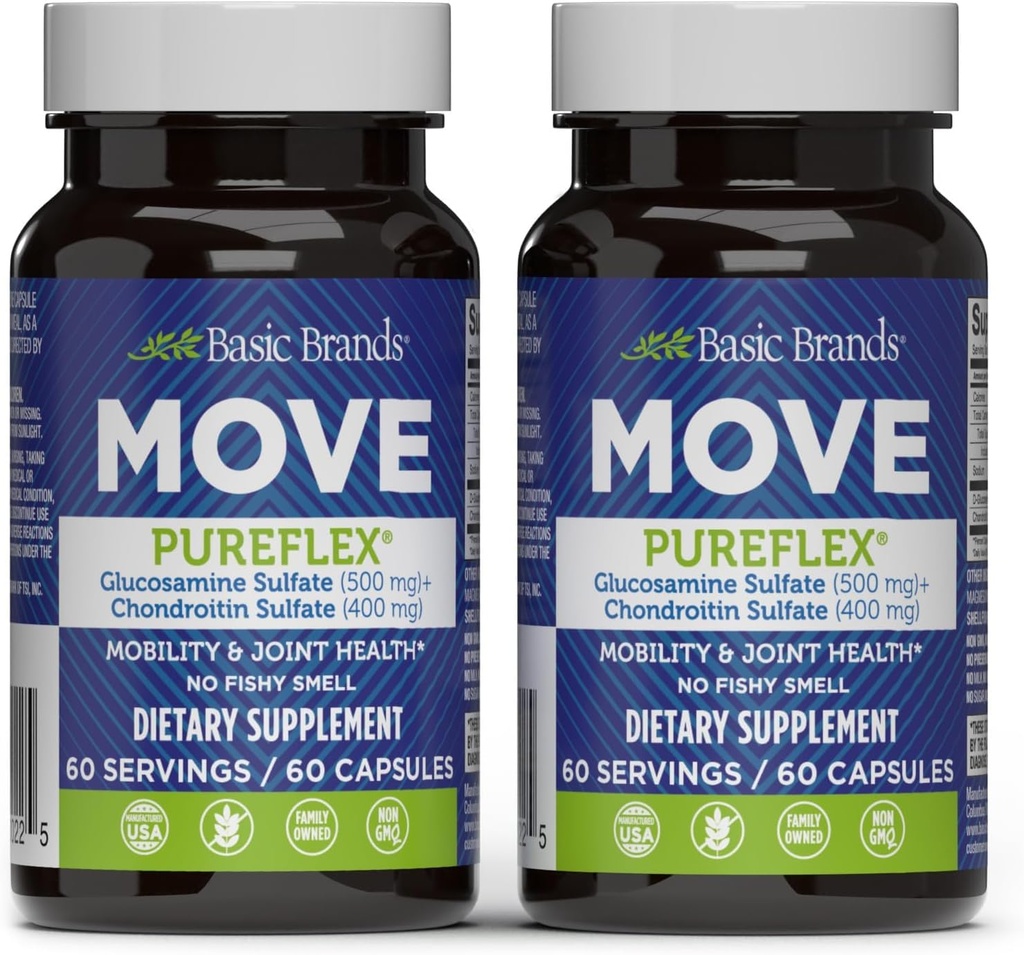 Brand di base - Move Pureflex Glucosamine Chondroitin - Supporto Congiunto Integratore per Flessibilità & Mobilità - 60 Capsule - 2-Pack